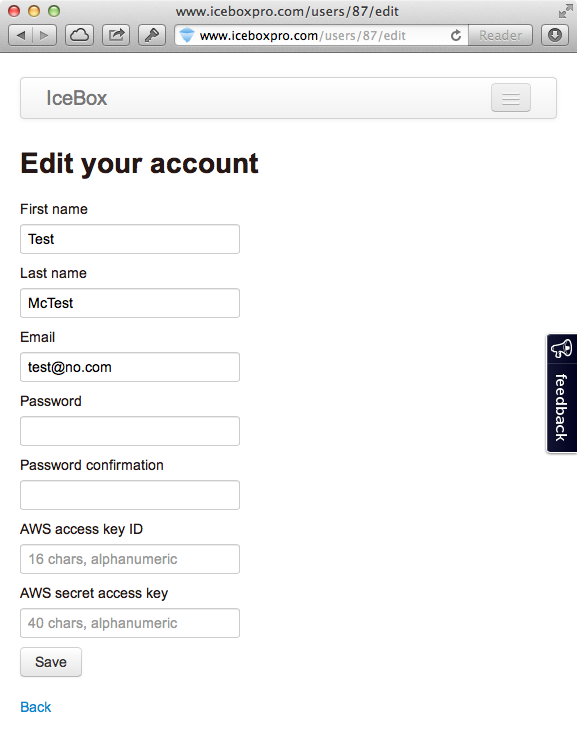 Edit your account page for IceBox